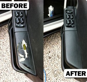 Car door trim damage before and after photo